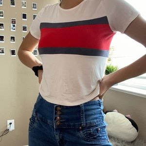 White red and blue striped crop top